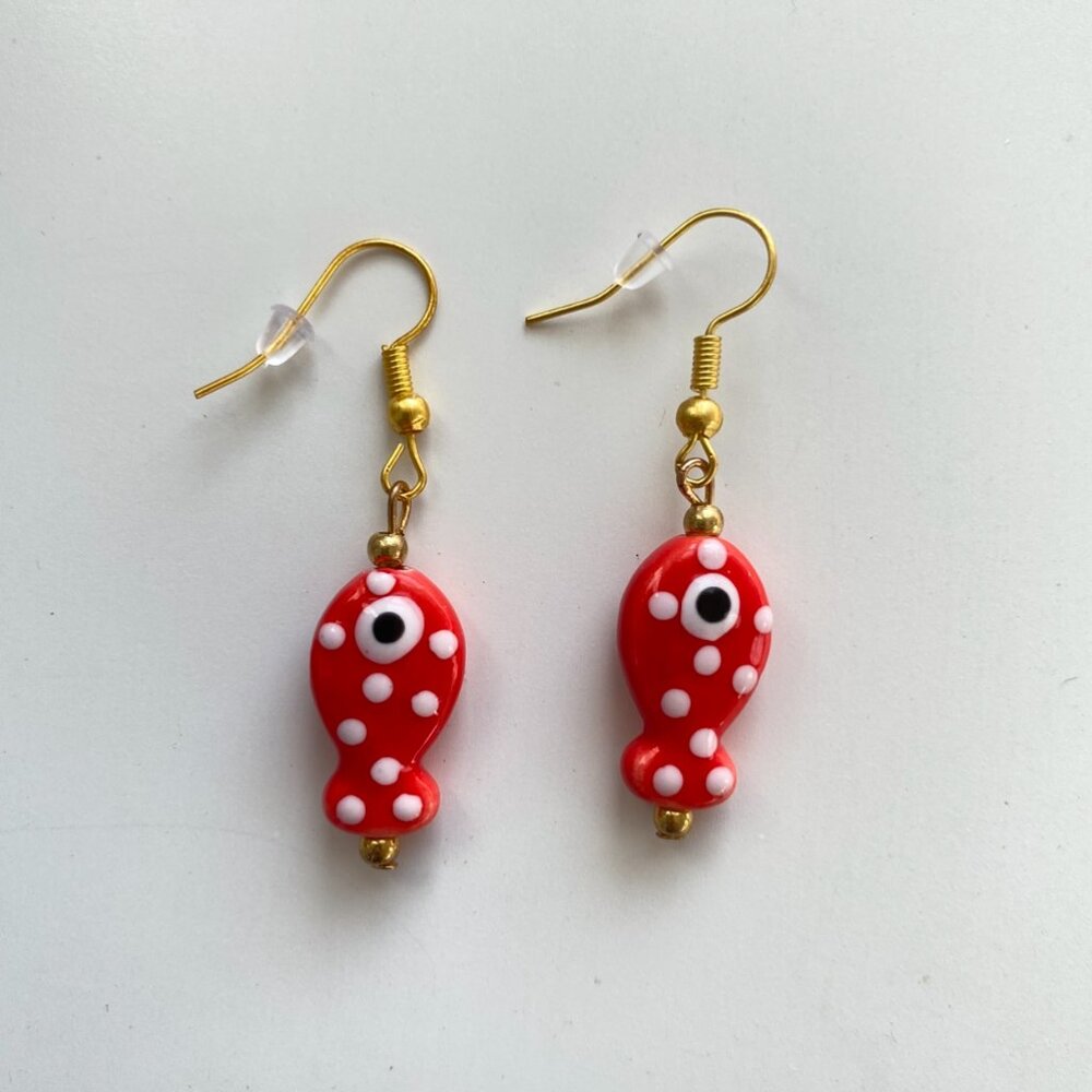 Handmade Earrings Ceramic Fish Sardines GOLD PLATED STAINLESS STEEL‎ Whimsy Fun